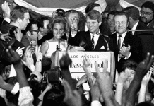 Robert F. Kennedy speaking at the Ambassador Hotel in Los Angeles, moments before he was shot on June 5, 1968. | AP Photo/Dick Strobel